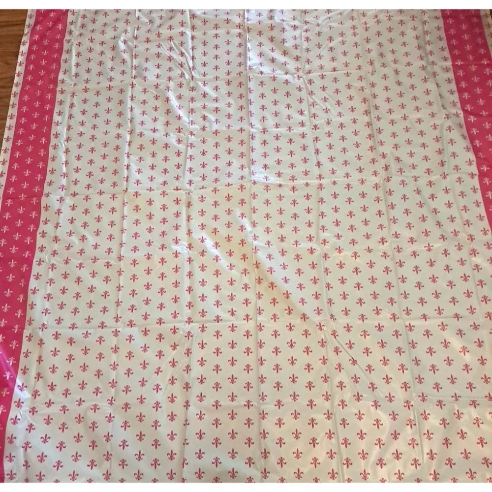 Vintage Vinyl Shower Curtain Fleur De Lis Pink White NEW NOS Retro Berkeley