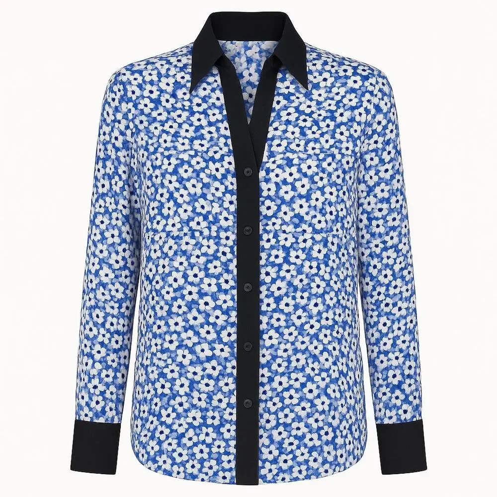 Emanuel Ungaro Silk Blue Floral Button Up Top Blouse