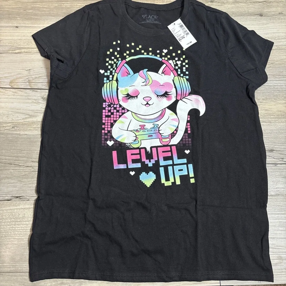 5/$20! The Children's Place Girls Black‎ XL (14/16) Kitty Level Up Gamer Shirt