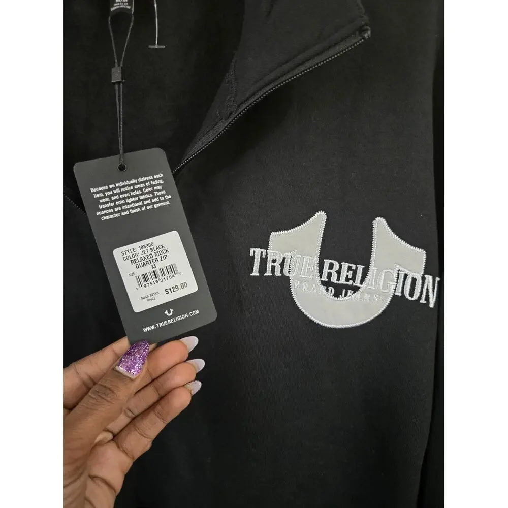 True Religion Sweater Mens Black Relaxed Mock 1/4 Zip Sweatshirt, Medium $129