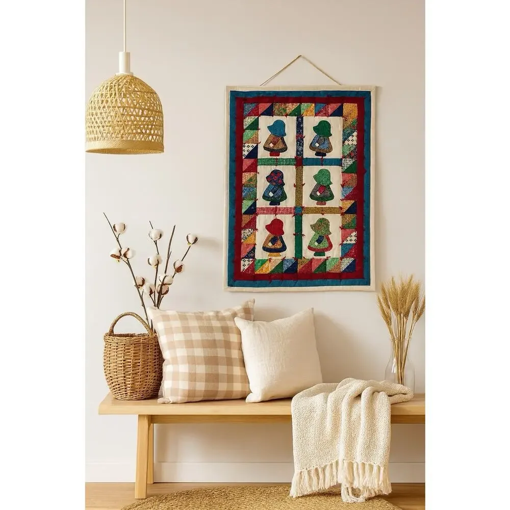 Sue Bonnet Sue Wall Hanging Quilt Colorful Cottage Core Folk Art Handmade VTG