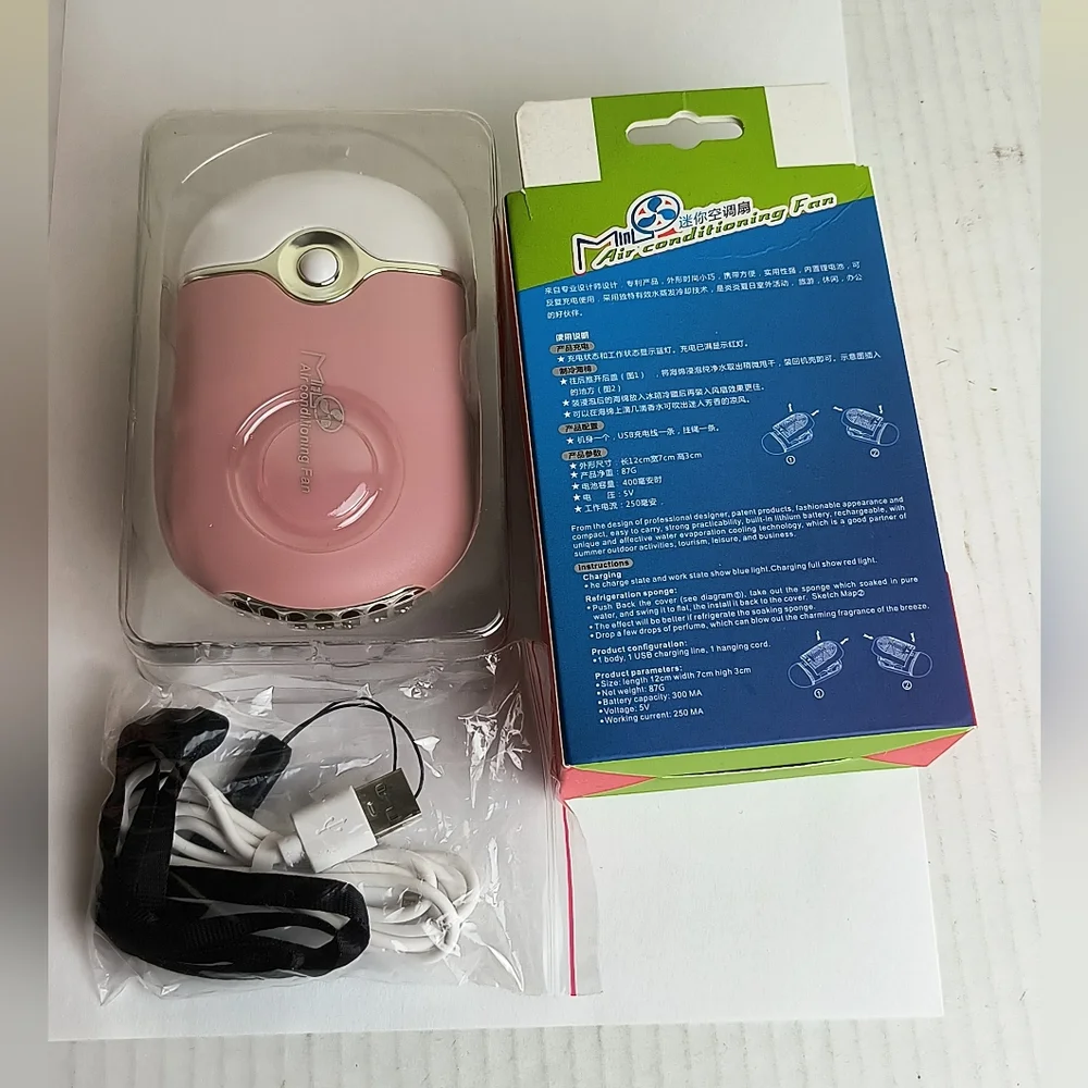 Portable Pink Air Conditioning Fan Micro USB Cable/Lanyard