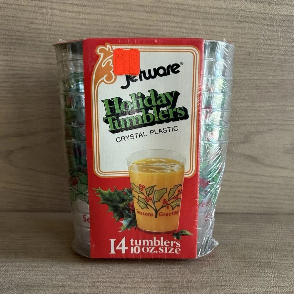 Unopened NOS Vtg 1976 Jetware 14 Holiday Tumblers Crystal Plastic 10 oz Mobile