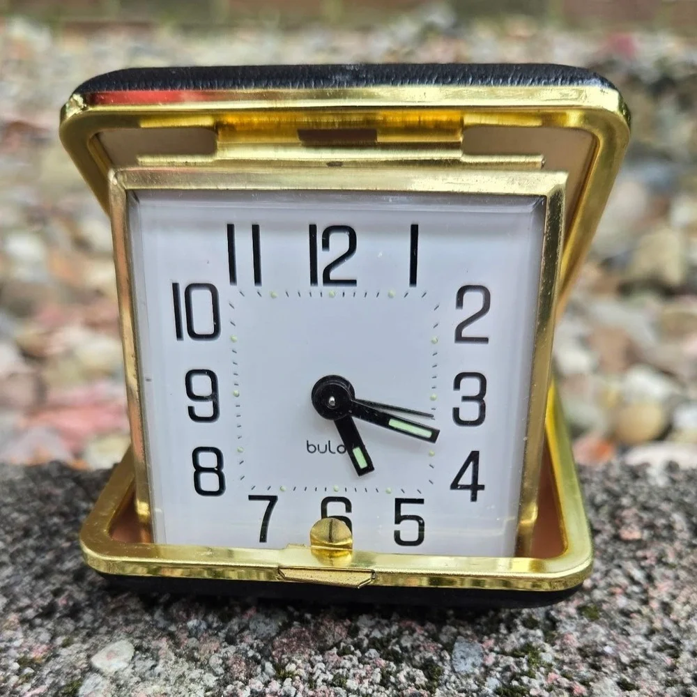 Vintage Bulova Travel Alarm Clock Black Leatherette Gold Tone Case Korea