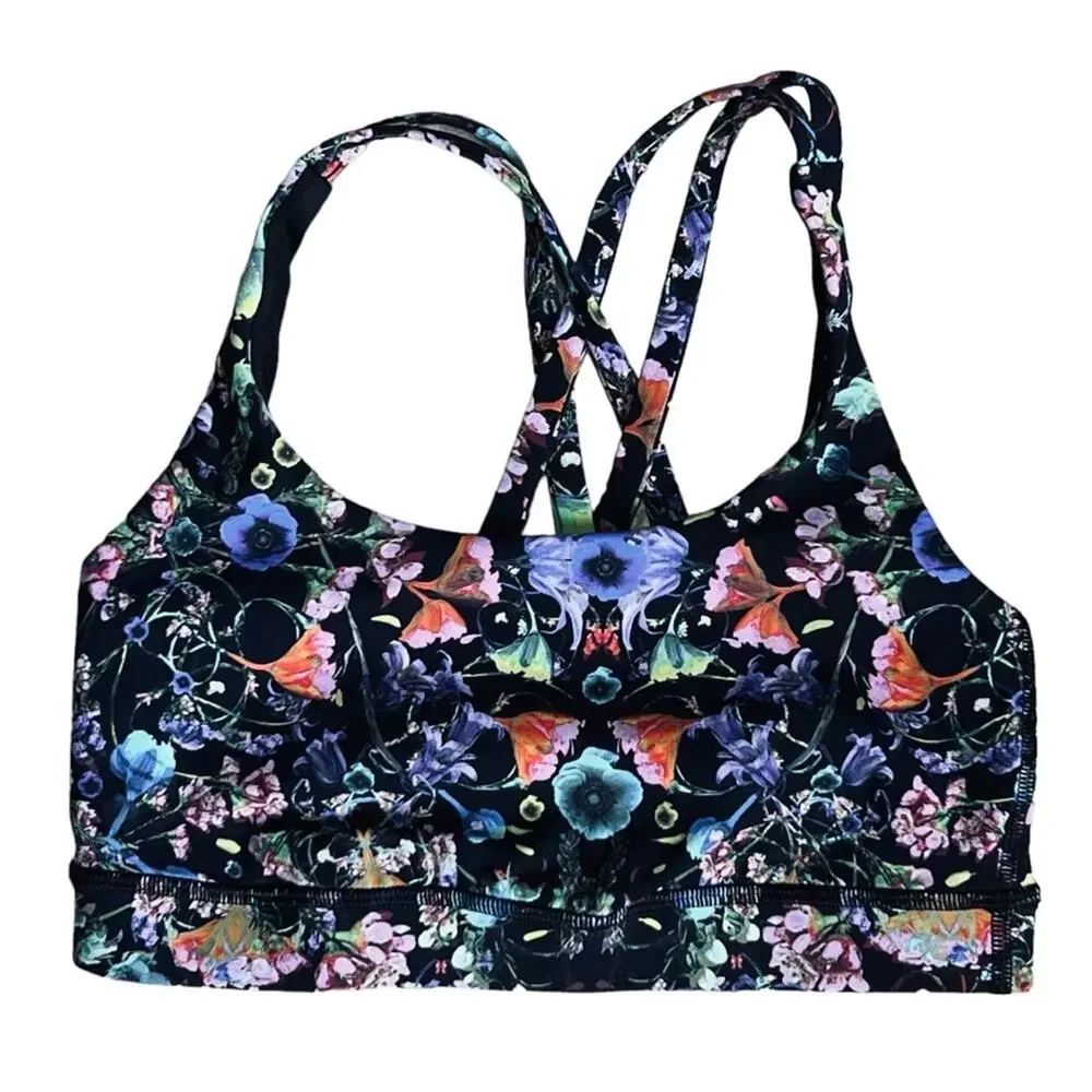 Lululemon Women’s Sz 2 Black Floral Sports Bra Energy Flowerscope Medium Support