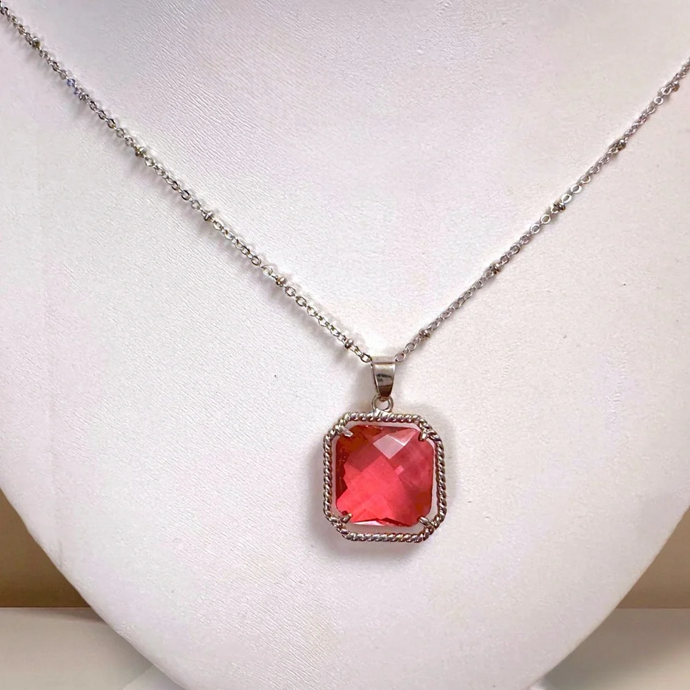 Faceted Pink Simulated Gemstone Necklace - Rhodium Plated Jeweled Pendant - NEW