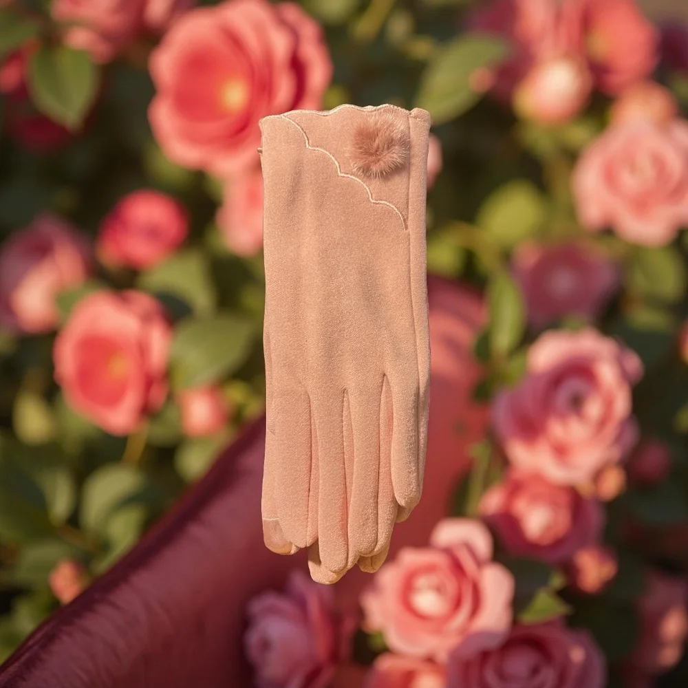 B033 2/$30 Blush Pink Scalloped Fur Pom Elegant Romantic Vintage Gloves