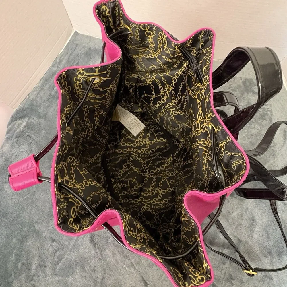 Y2kJuicy Couture Hot Pink Drawstring Bucket Backpack Gold Hardware Black Straps