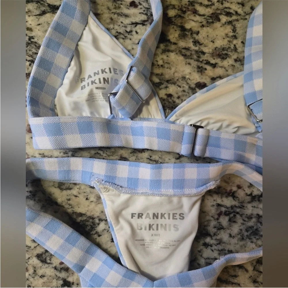 Frankie's Bikinis Sky Blue and White Checkered Set. Top-Medium Bottoms-xs