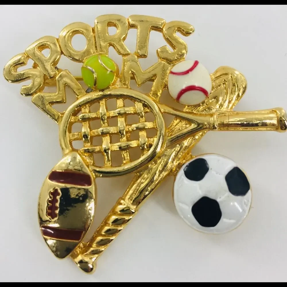 Vintage Ren Sports Mom Brooch Gold Tone Tennis Baseball Football Pin