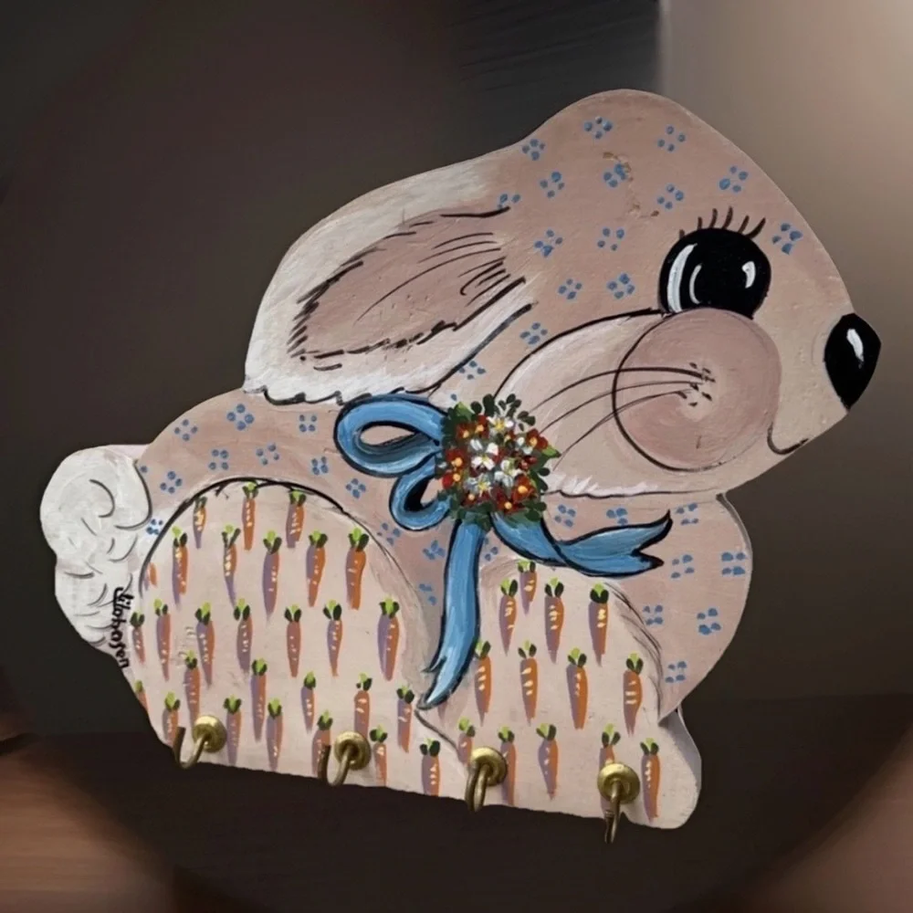 Adorable Wooden Bunny Wall Hook Rack – 4 Hooks, Hand-Painted, 9” Rustic Decor