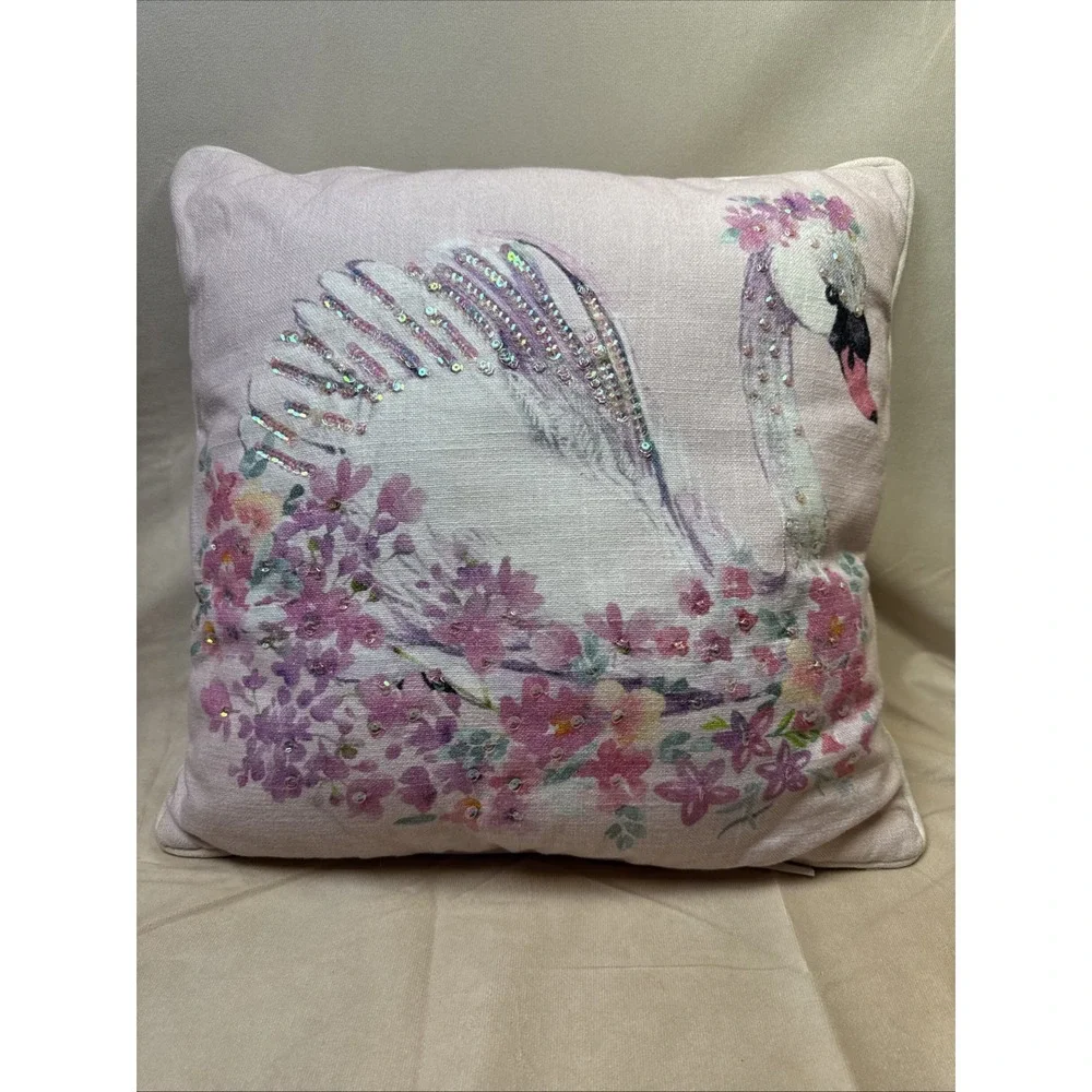 Envogue Kid Spring Floral Swan Sequin pink Easter 17x17 Decorative Accent Pillow