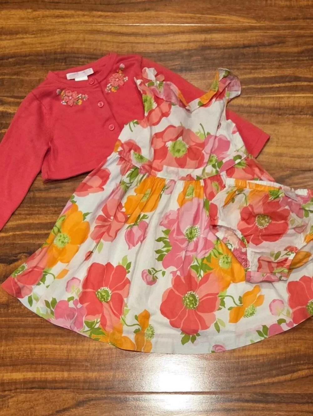 Janie and Jack EUC 12-18 months orange/pink/ivory floral dress and crop sweater