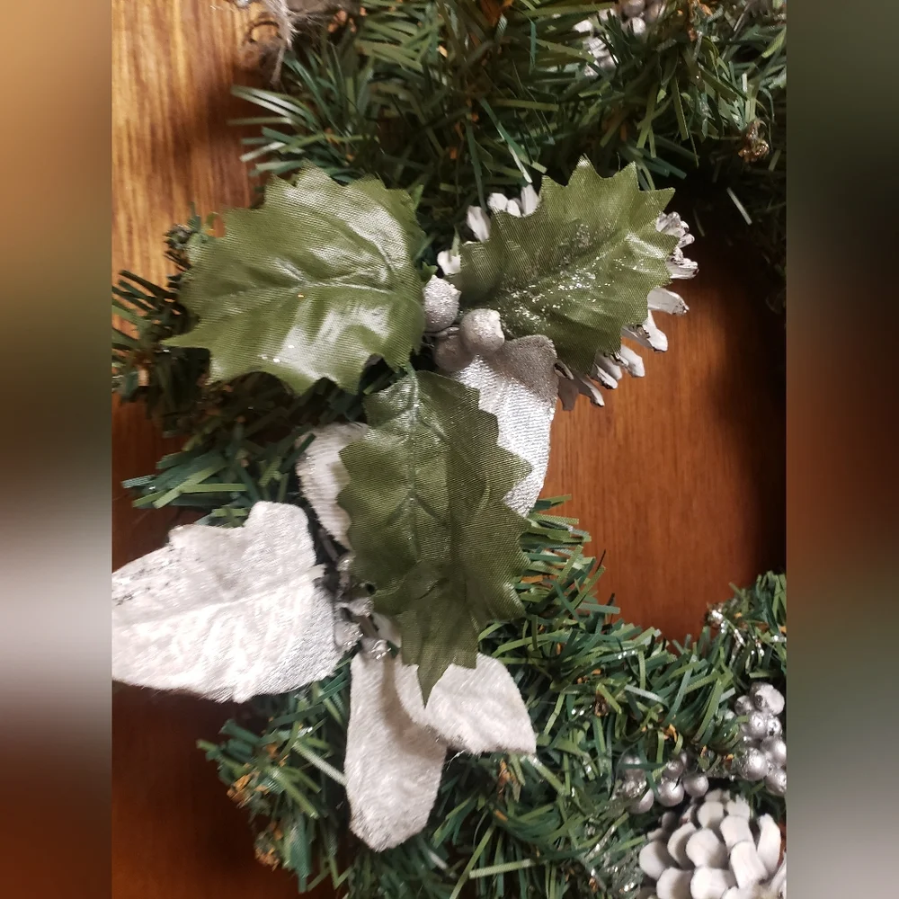 Festive Green White and Silver Holiday Pine Wreath Or Centerpiece 12