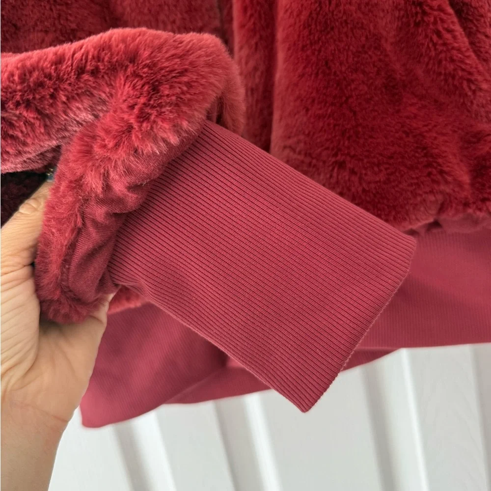ALO Yoga Faux Fur Hooded Full Zip Jacket Burgundy Red