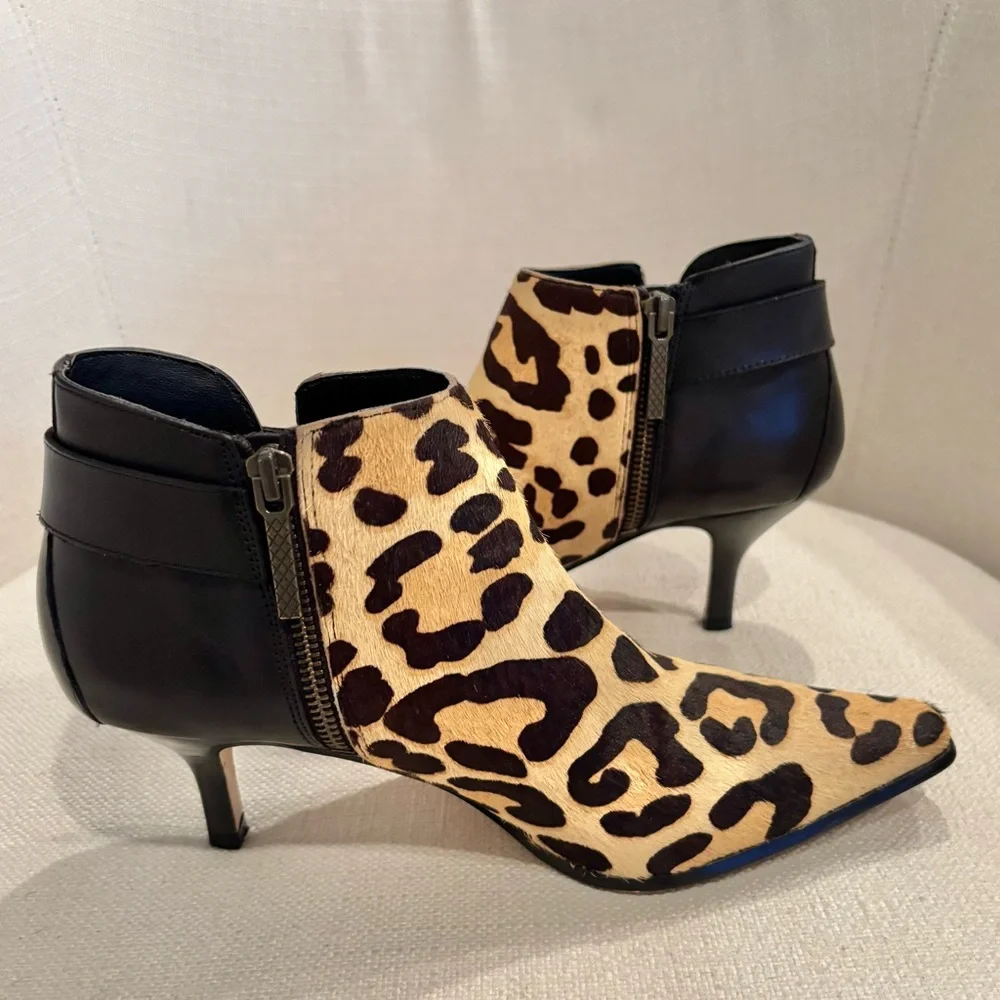 DONALD J. PLINER LURE Calf Hair Animal Print Kitten Heel Buckle Booties Size 8