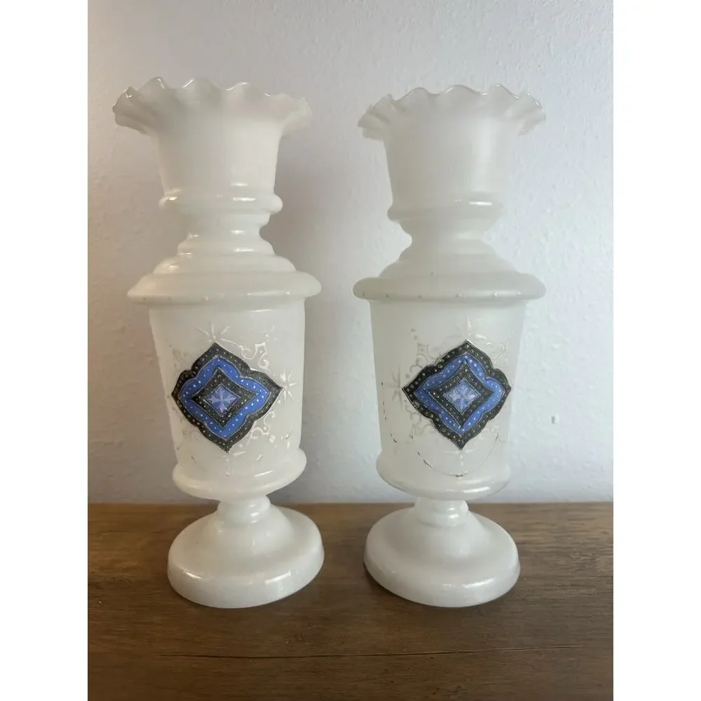Vintage Pair Milk Glass Vases Blue Diamond Motif Ruffled Rim Art Glass