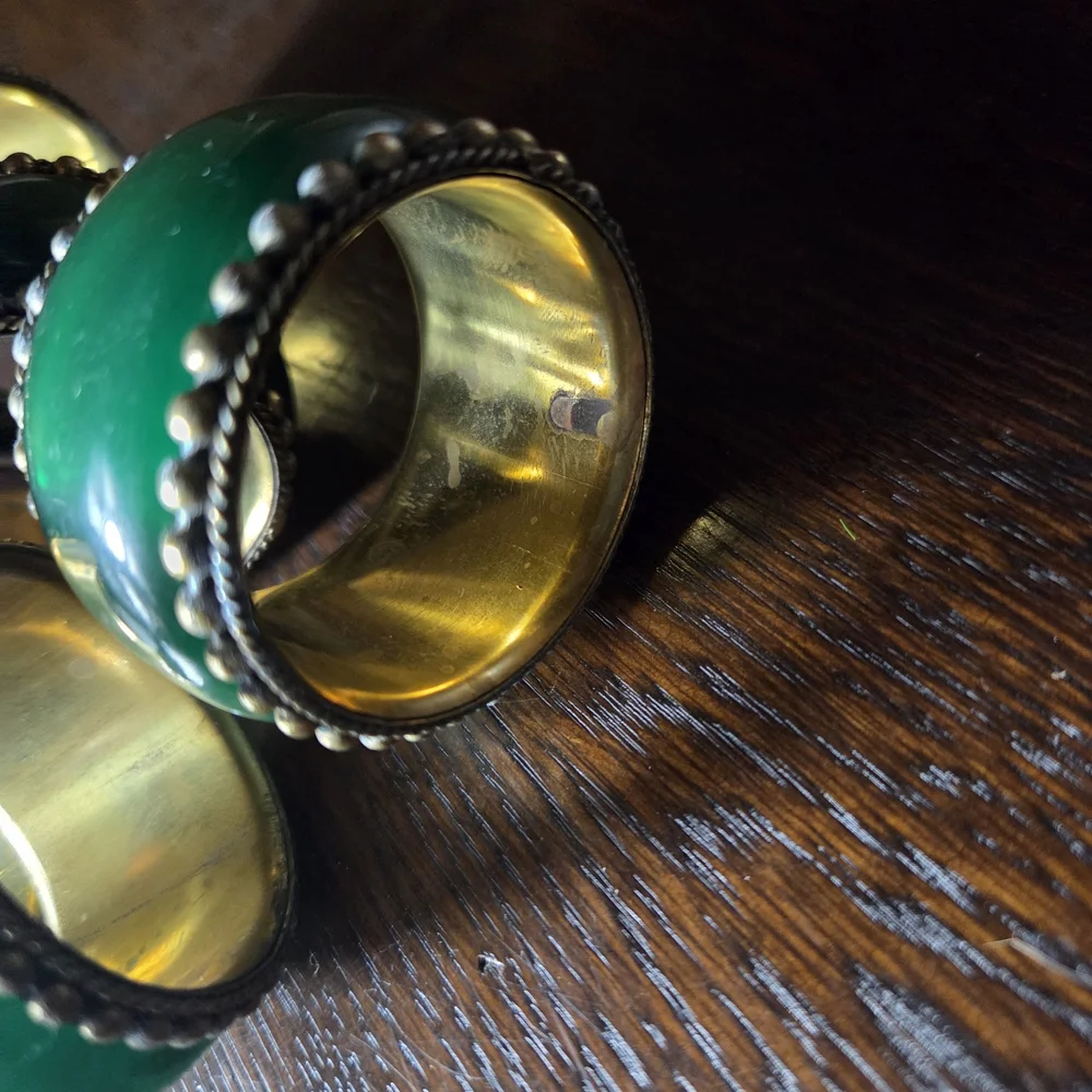 Emeraled Green and Brass Napkin Rings Set Of 6