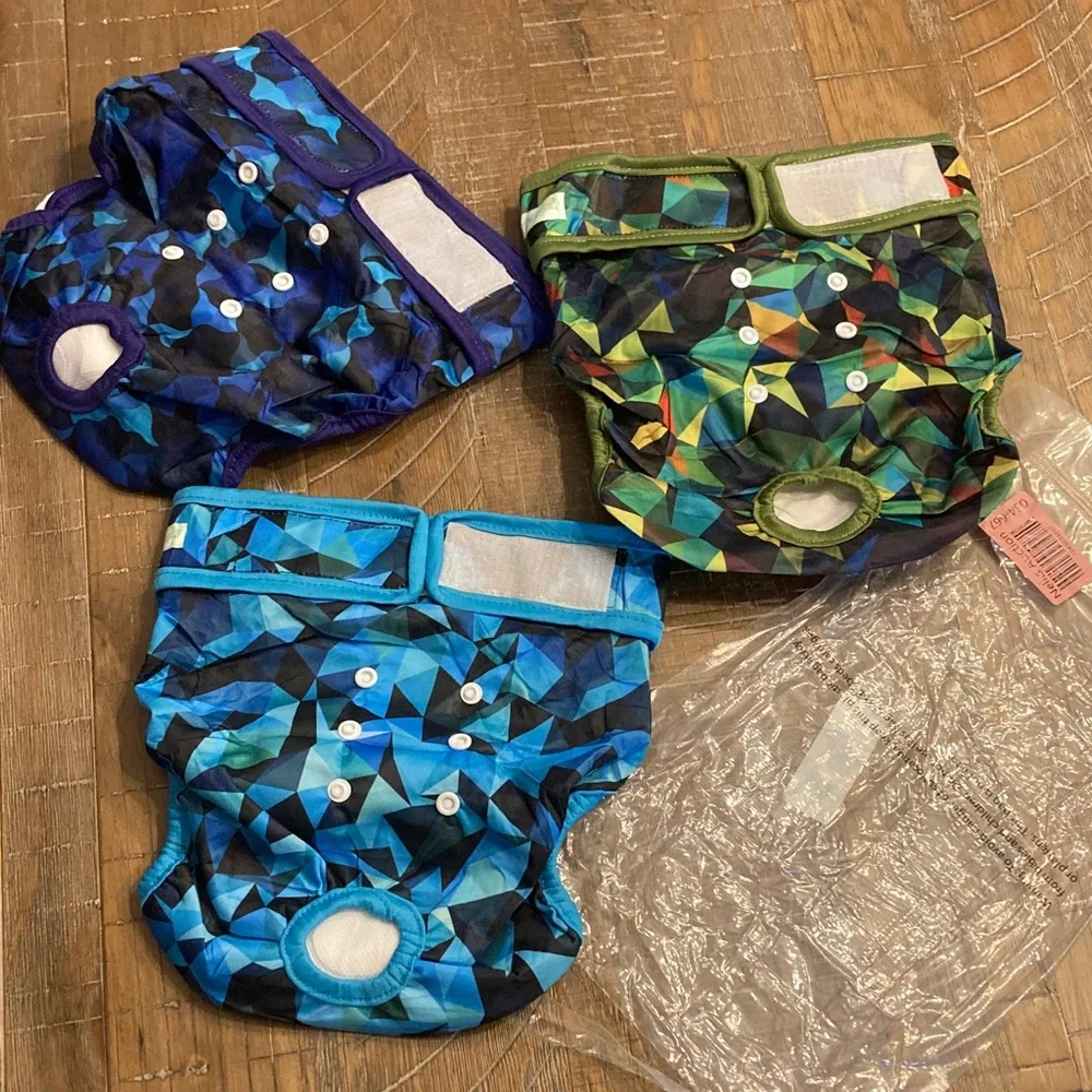 Colorful Geometric XL Dog Diapers (male) washable and adjustable NWT set of 3