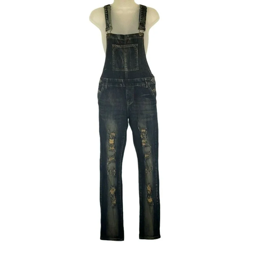 VIP Jeans Distressed Dark Wash Denim‎ Bib Overalls