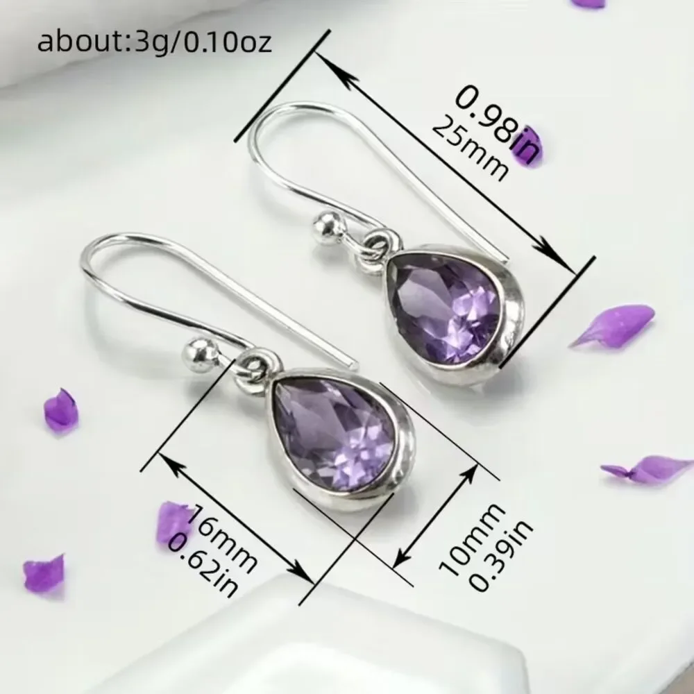Silver Teardrop Amethyst Purple Zirconia Drop Earrings Crystal Pendant Gemstone