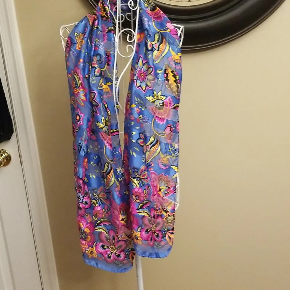 $5 ITEM.Beautiful vibrant blue multi colored floral scarf. Must Bundle