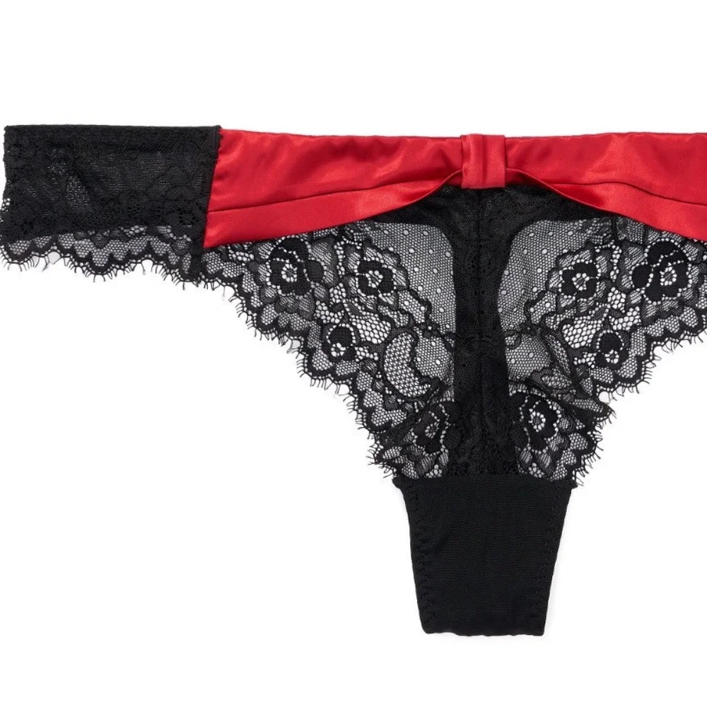 Nylon Satin Red Black Lace Women's Thongs Bikini Panties