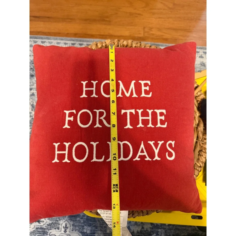 Red Square Pillow Home For The Holidays Embroidered Christmas Accent