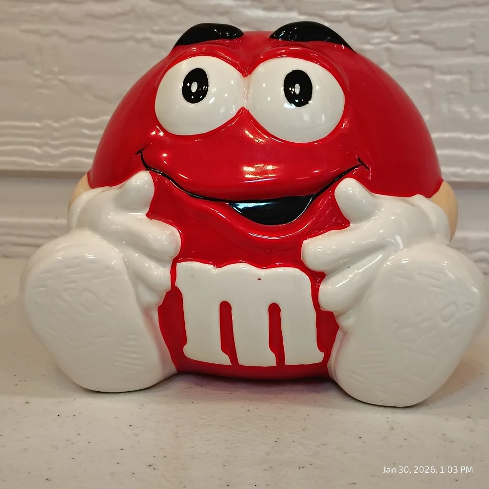 Galerie 2002 Red M&M Cookie Jar Ceramic Red Jar Mars Collectible Kitchen Decor