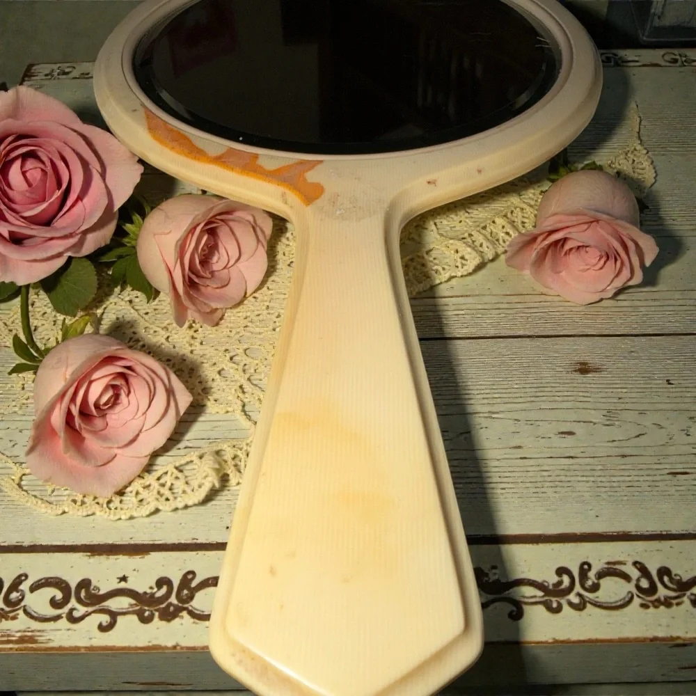 Vintage Cream Hand Mirror and file celluloid Set