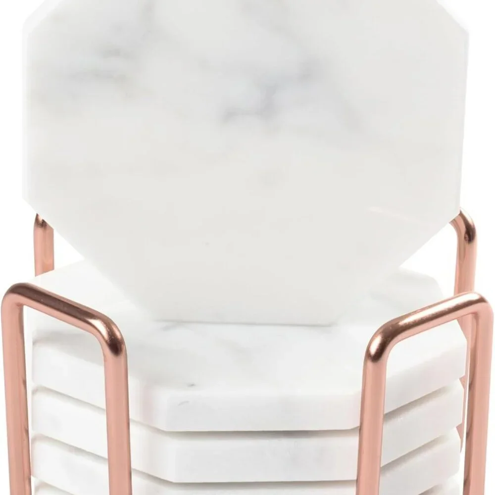 White Carrara Marble Coasters & Rose Gold Coaster Holder Set of 5- Durable, Thic