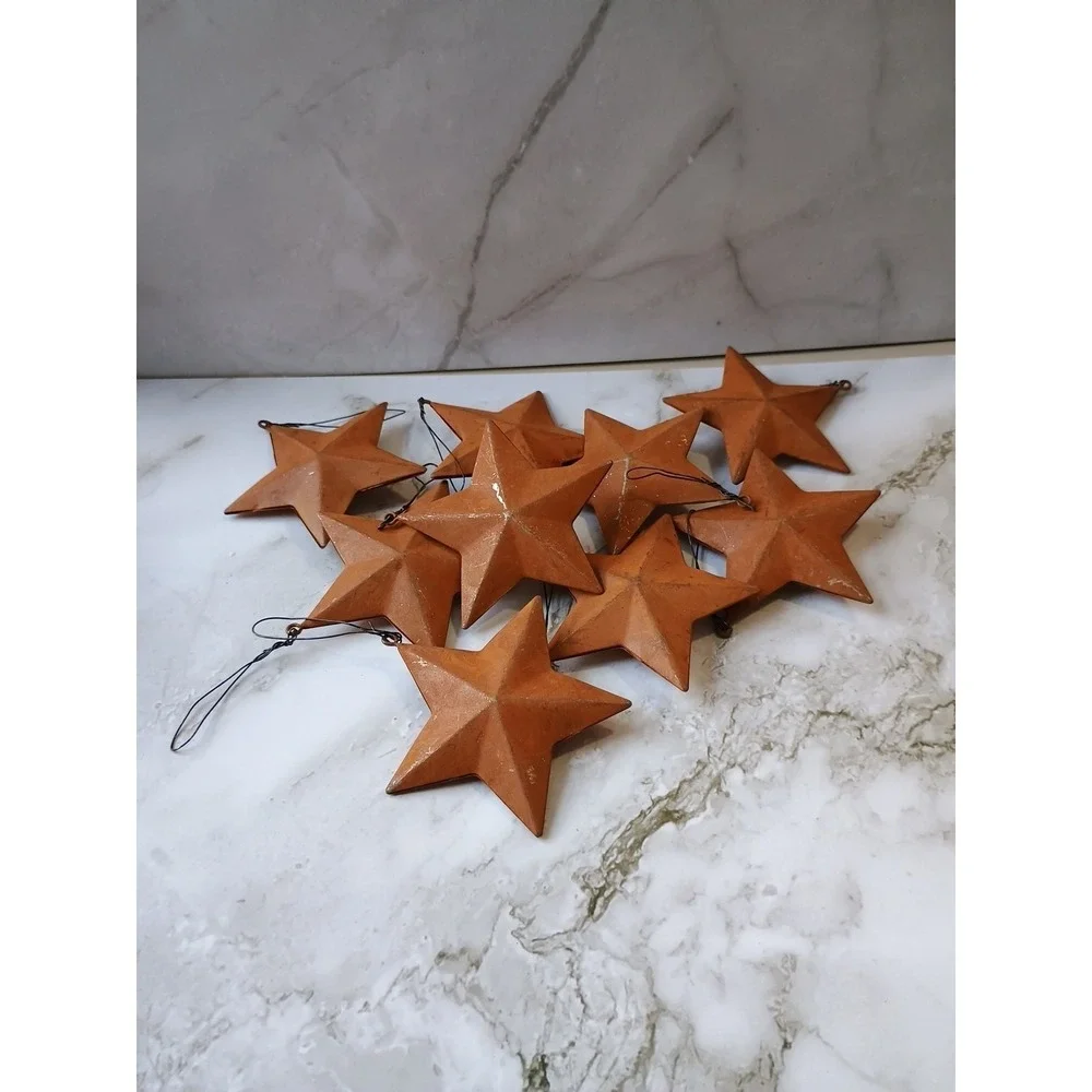 Primitive Metal Stars - Set of 9-Rustic Red Country Rusty Ornaments Hangers 2.5