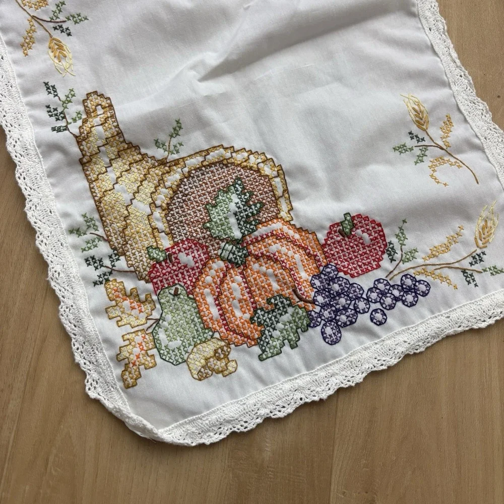 Cross Stitch Thanksgiving Table Runner Dresser Scarf Fall Autumn Cornucopia 42