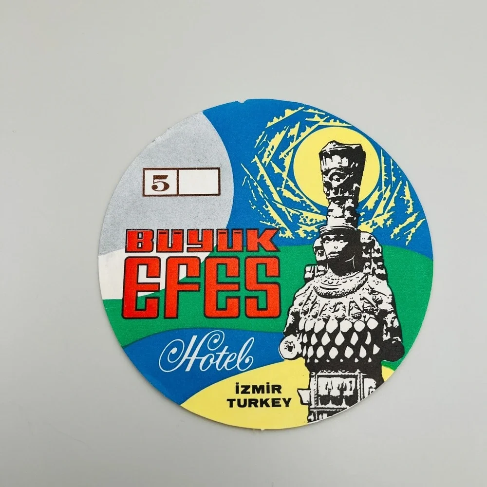 Vintage Buyuk Efes Hotel Izmir Turkey Round Paper Luggage Tag Ephemera 1968