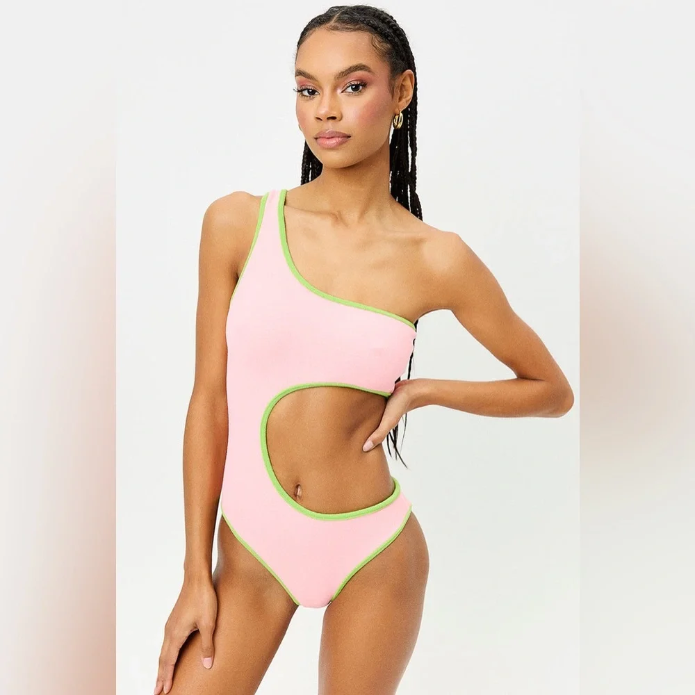 Frankie’s Bikinis Cutout Pink/Green Cash Terry One Piece Swimsuit size Medium