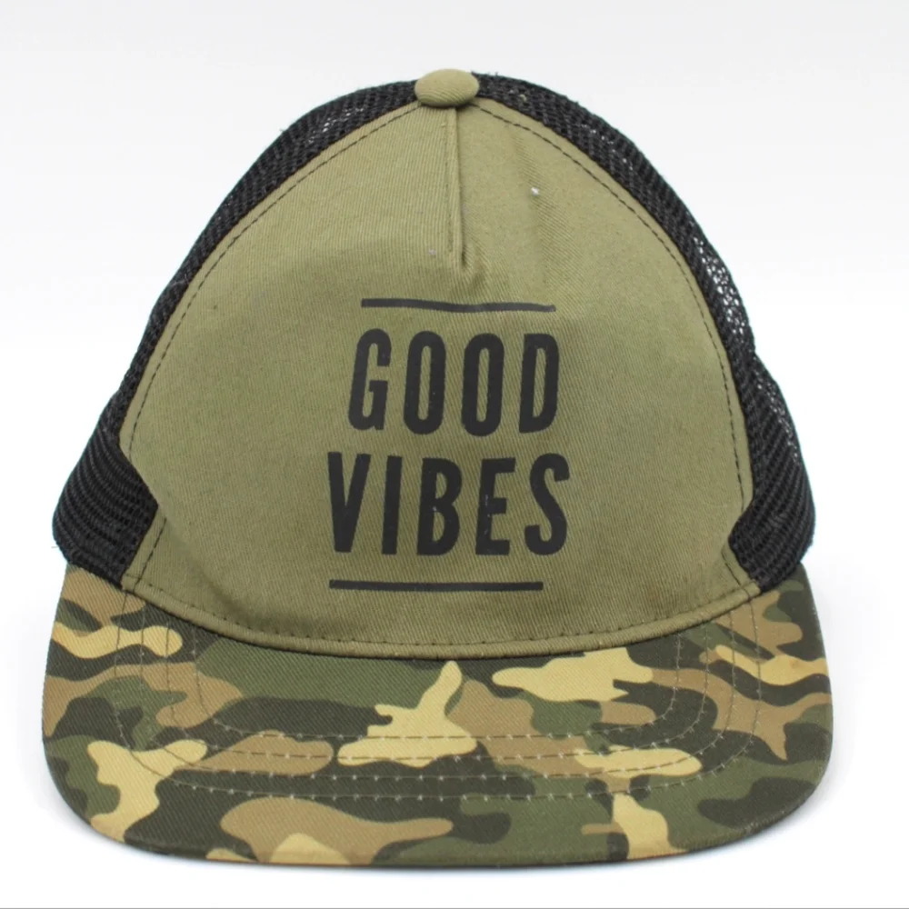 Unisex Green & Black Camo “Good Vibes” Snapback Hat – Kids Size