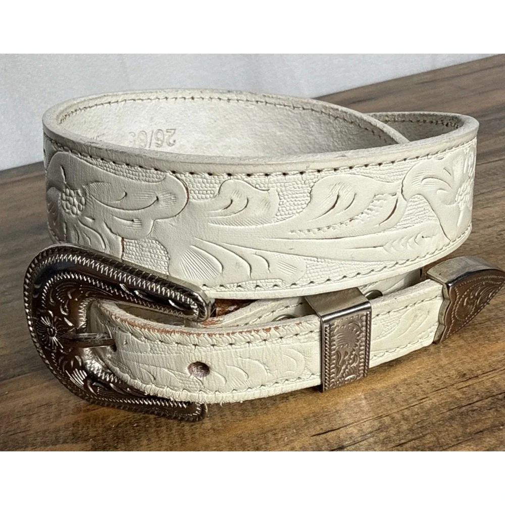 Vintage Western Tooled Belt White Leather Silver Buckle Kids 25