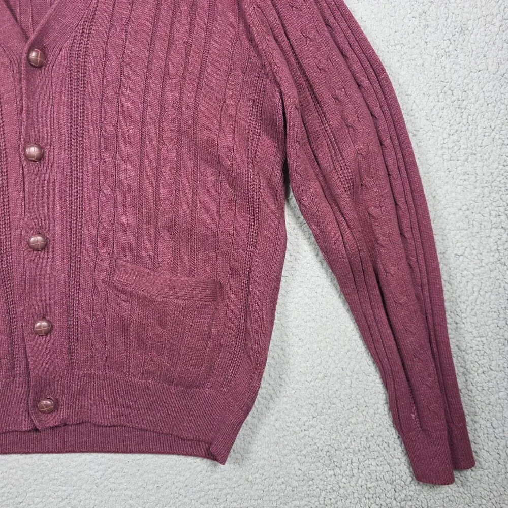 VTG St Johns Bay Sweater Mens Size LT Burgundy 3D Cable Knit Cardigan Grandpa