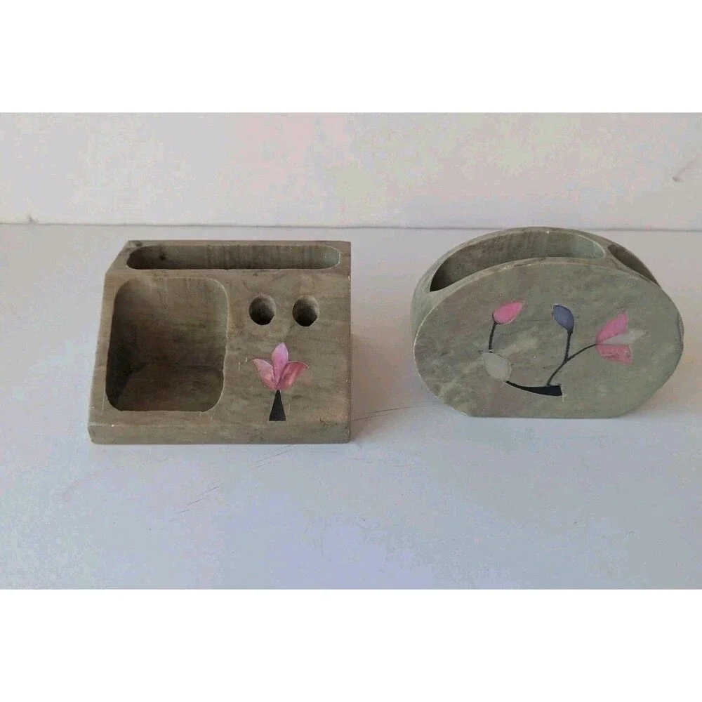 Vtg Soapstone Set Of 2  Decorative Desk Pen & Business Card Holder Hand Carved