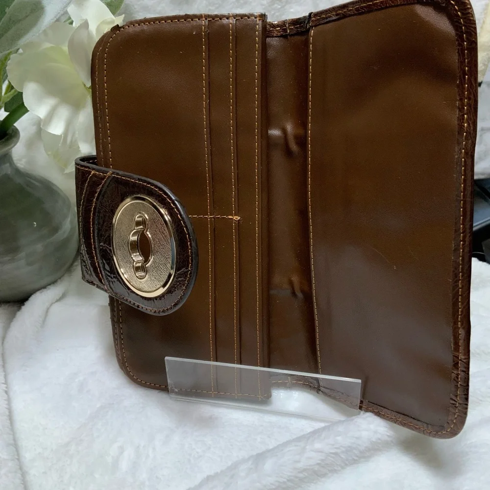 Brown Crocodile Embossed Clutch with Gold Accent