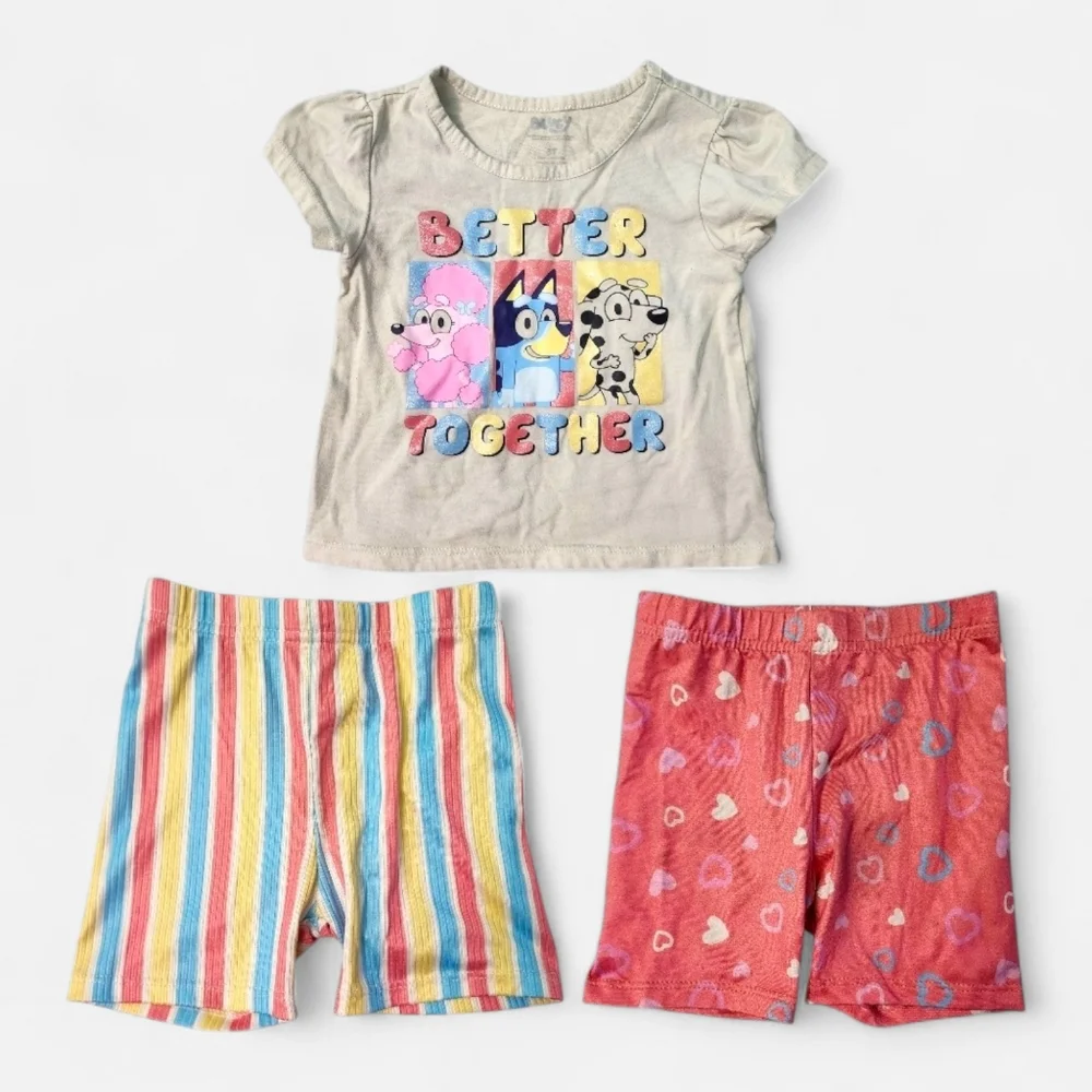 Bluey Toddler Girl 3T 3-Piece Outfit Set – Graphic Tee + Striped & Heart Shorts