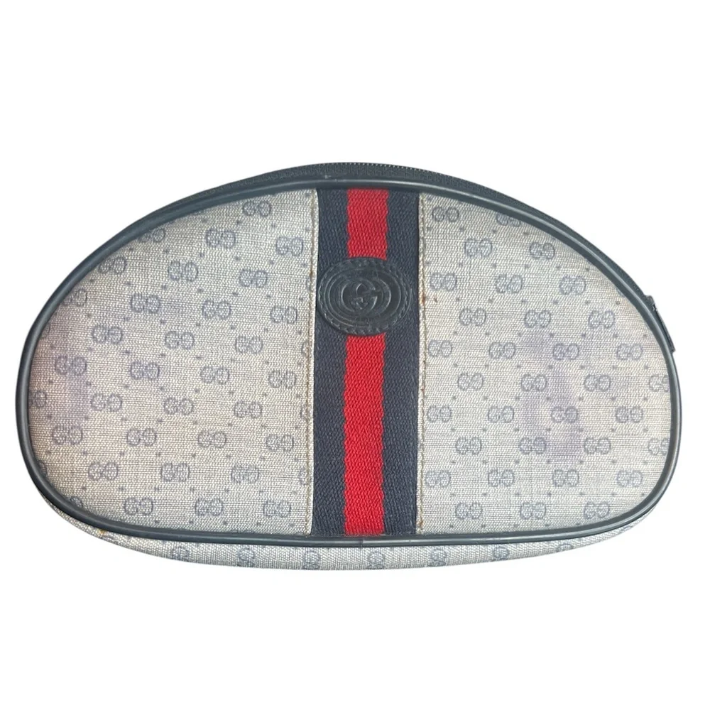 Gucci Vintage 70's Gucci Monogram GG Blue Coated Canvas Cosmetic Pouch