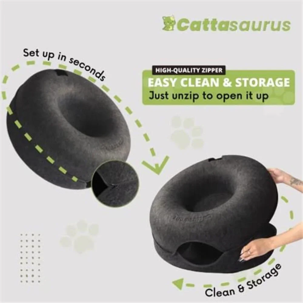 Large Cat Cave Tunnel Bed Donut Hideaway Scratch Felt Dark Gray