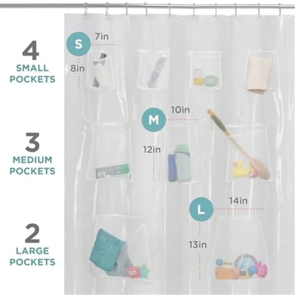 Waterproof Shower Curtain Liner with Storage Pockets Clear Bathroom Organizer 70