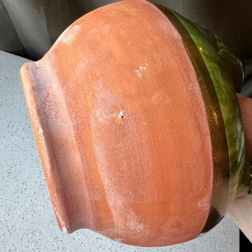 Handcrafted Green Glazed & Terracotta Clay French Gargoulette Confit Oil Jug
