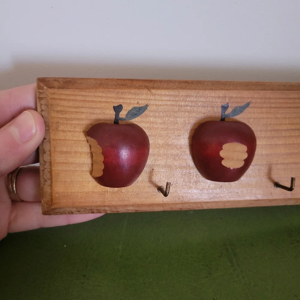 Red Apple Wooden Wall Hook Rack - Rustic Home Wall Decor