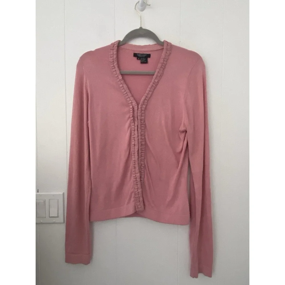 Karen Kane Lifestyle Pink Silk Blend Ruffle Trim Cardigan - Size Small