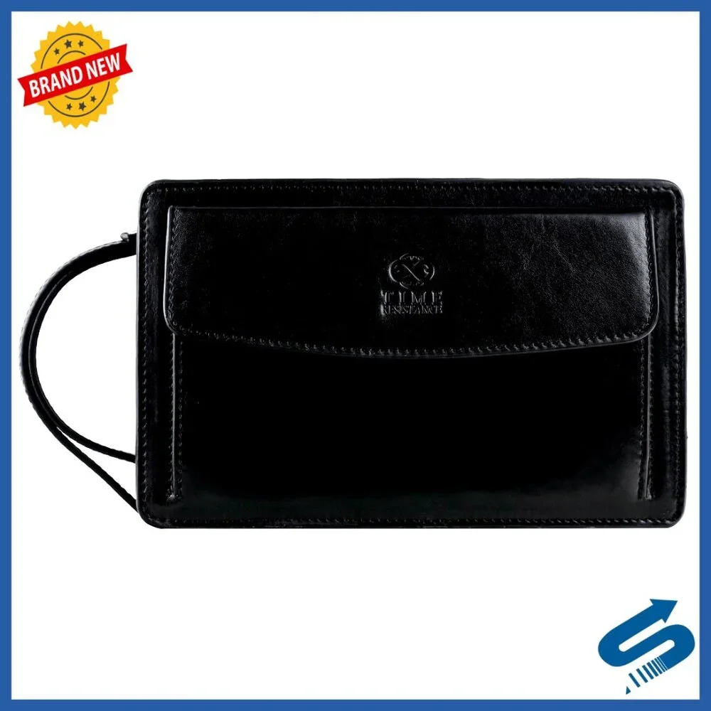 Full-Grain Leather Clutch with Wrist Strap, Detachable Band, Multiple Pockets