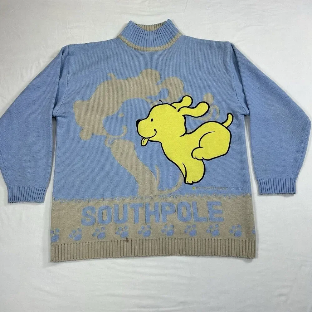 Vintage SouthPole Sweater Mens XL Booby Dog Graphic Hip Hop Knit Pullover Blue