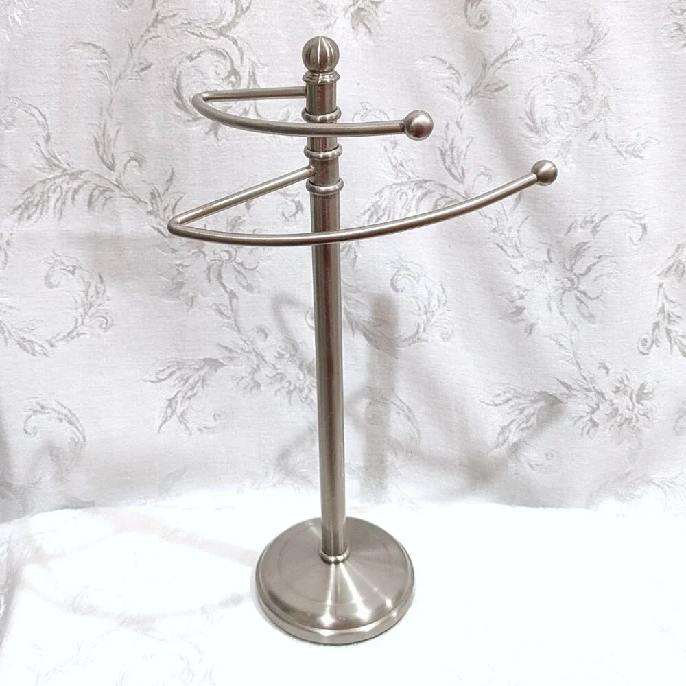 Hand Towel Swivel Stand Holder Freestanding Rotating Silver Metal Bathroom 15